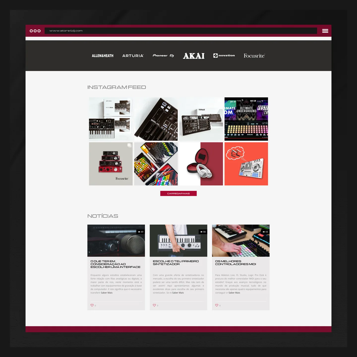 ci4DJ & store4DJ — store page with brand logos, Instagram feed grid and news cards