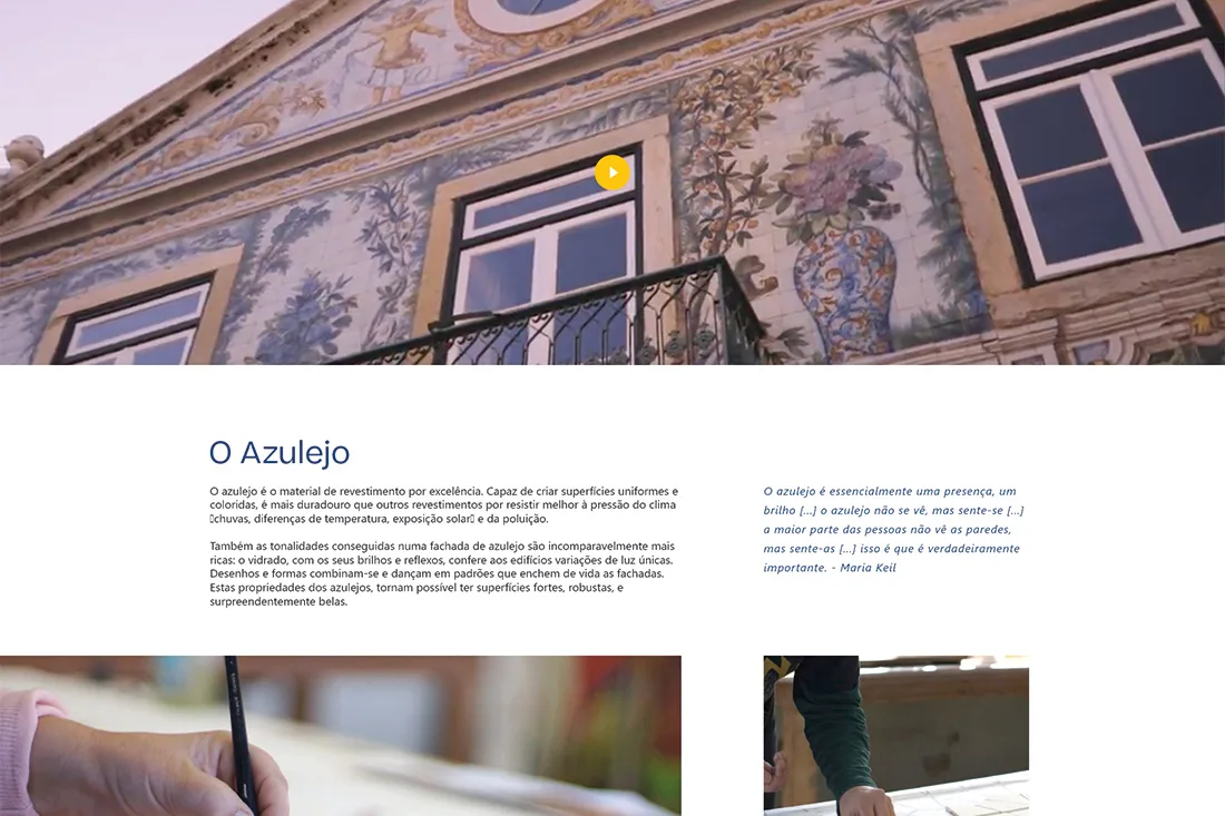 Viúva Lamego — website "O Azulejo" section with a tiled building facade photo and a pull quote