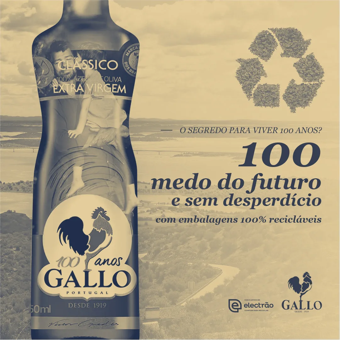 100 Anos de Sustentabilidade — square Gallo social post "100 medo do futuro e sem desperdício" with recycling symbol