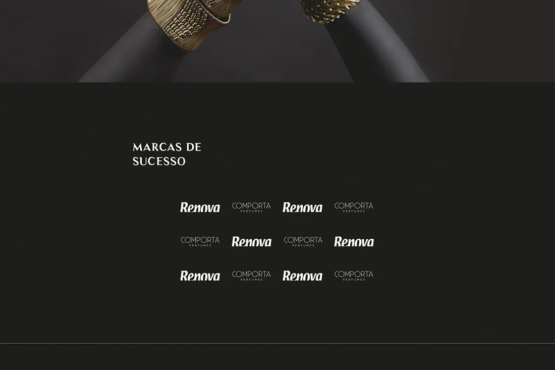 Laurel website — dark Marcas de sucesso section with grid of Renova and Comporta logos