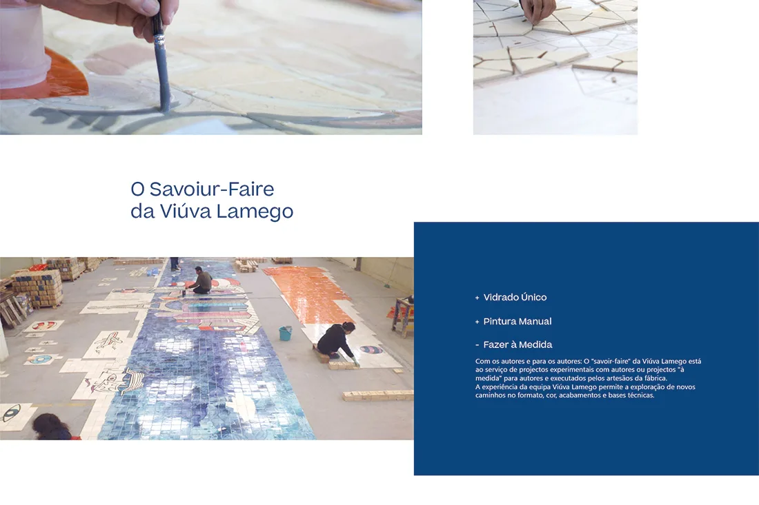 Viúva Lamego — website "O Savoir-Faire da Viúva Lamego" section with artisans hand-painting tiles