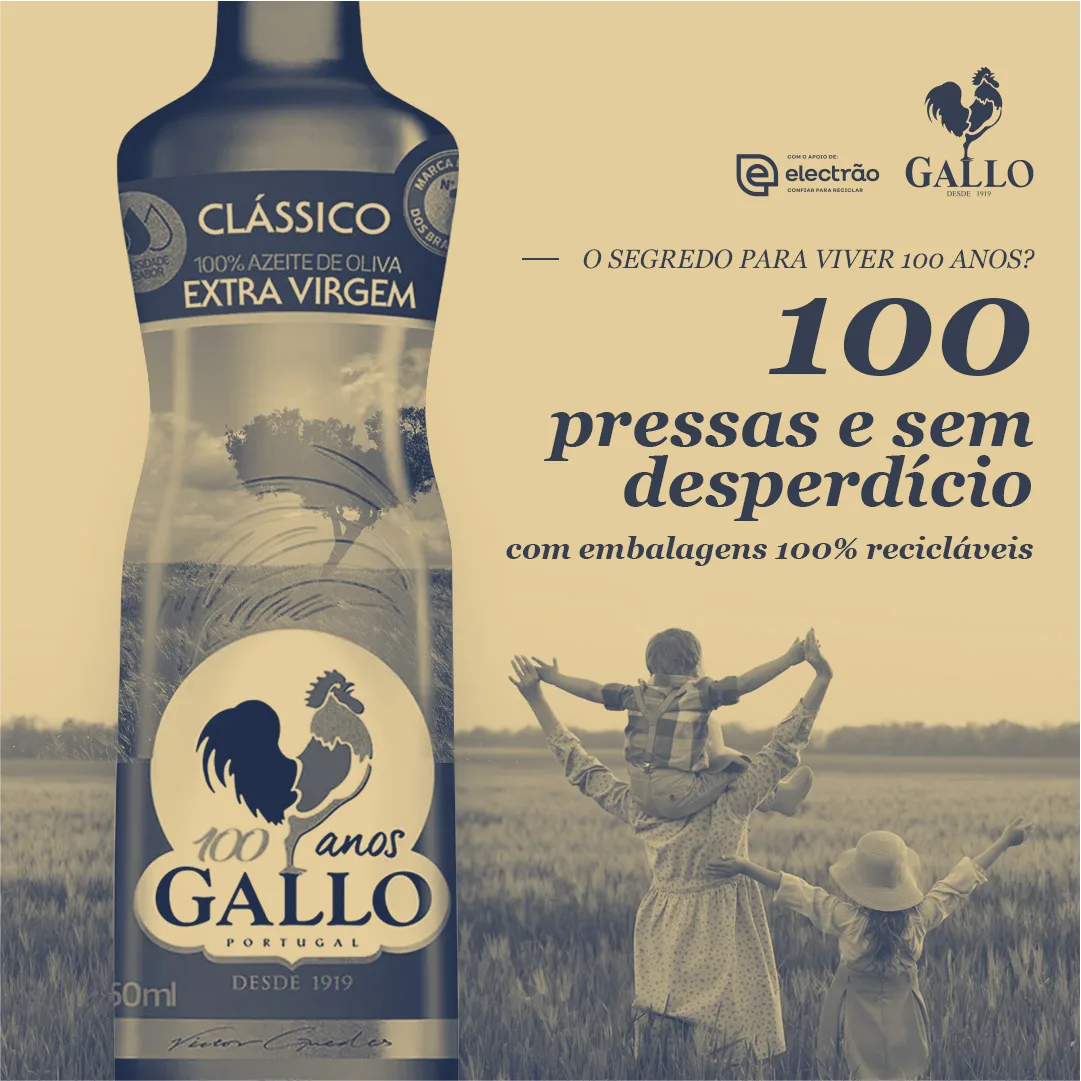 100 Anos de Sustentabilidade — square Gallo social post "100 pressas e sem desperdício" with a family in a field