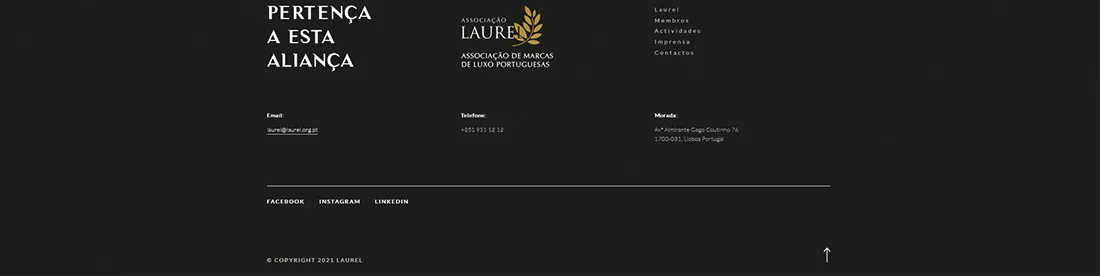 Laurel website — dark footer with Pertença a esta aliança and contact details