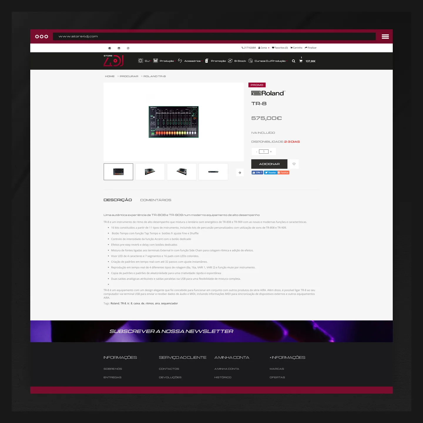 ci4DJ & store4DJ — store product page for a Roland drum machine with price and description