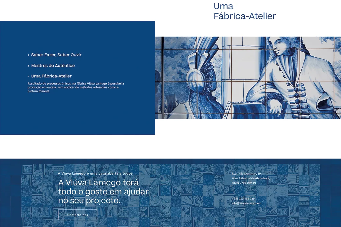 Viúva Lamego — website "Uma Fábrica-Atelier" section with blue azulejo figure panel and blue contact banner