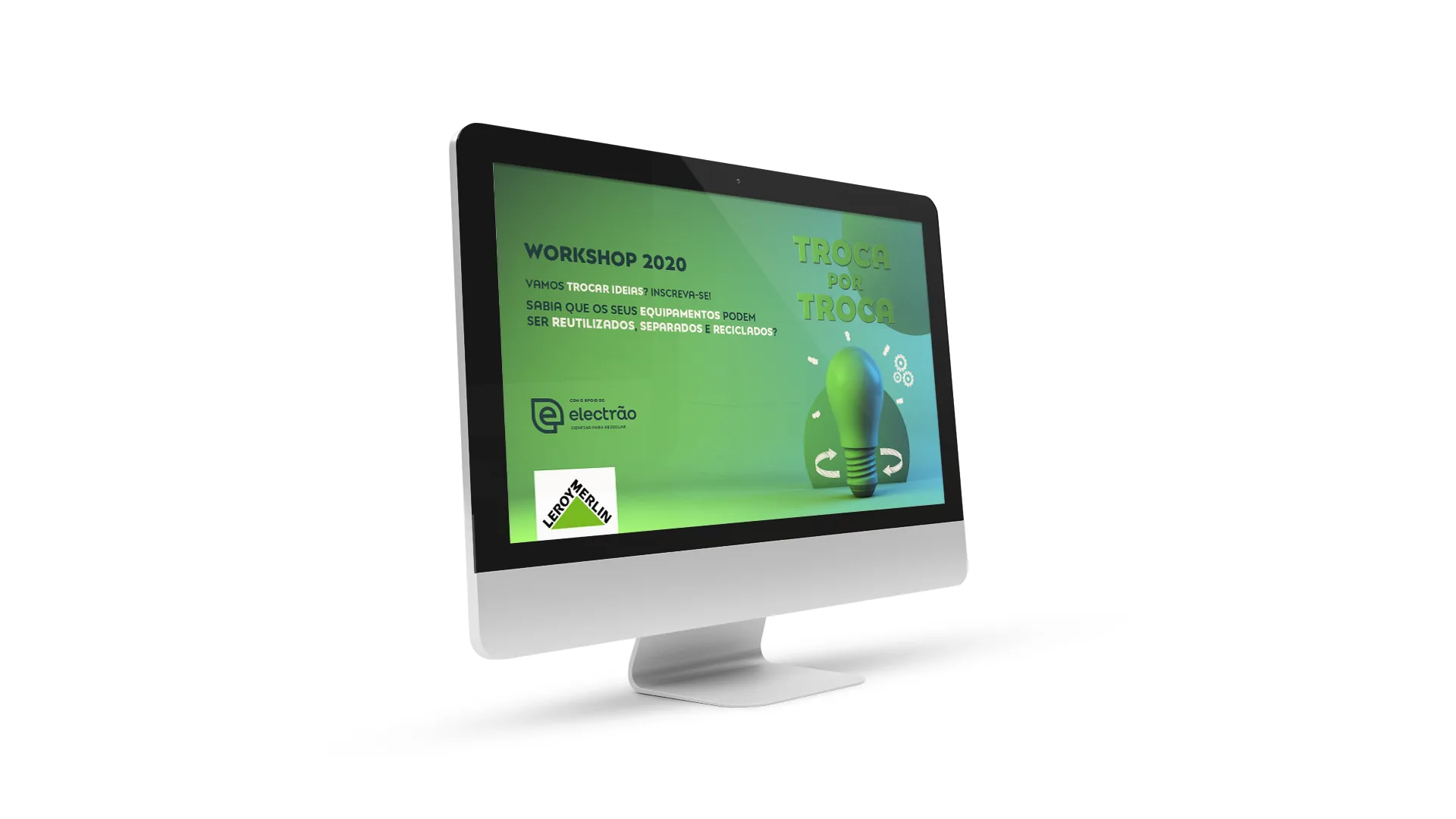 Tempo de Reciclar — "Workshop 2020 Troca por Troca" banner displayed on a desktop monitor