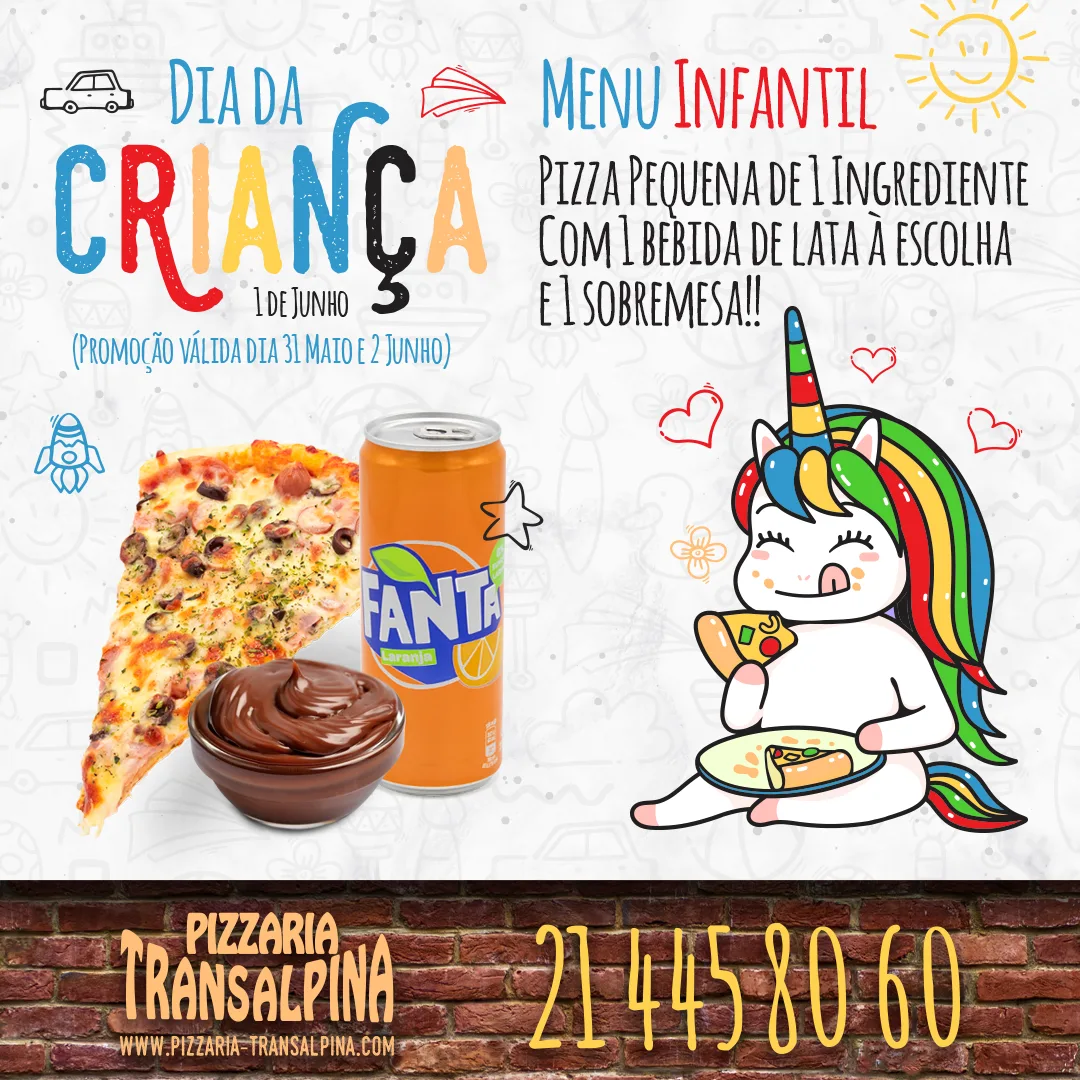 Pizzaria Transalpina — Dia da Criança kids menu social post with pizza, Fanta and a cartoon unicorn