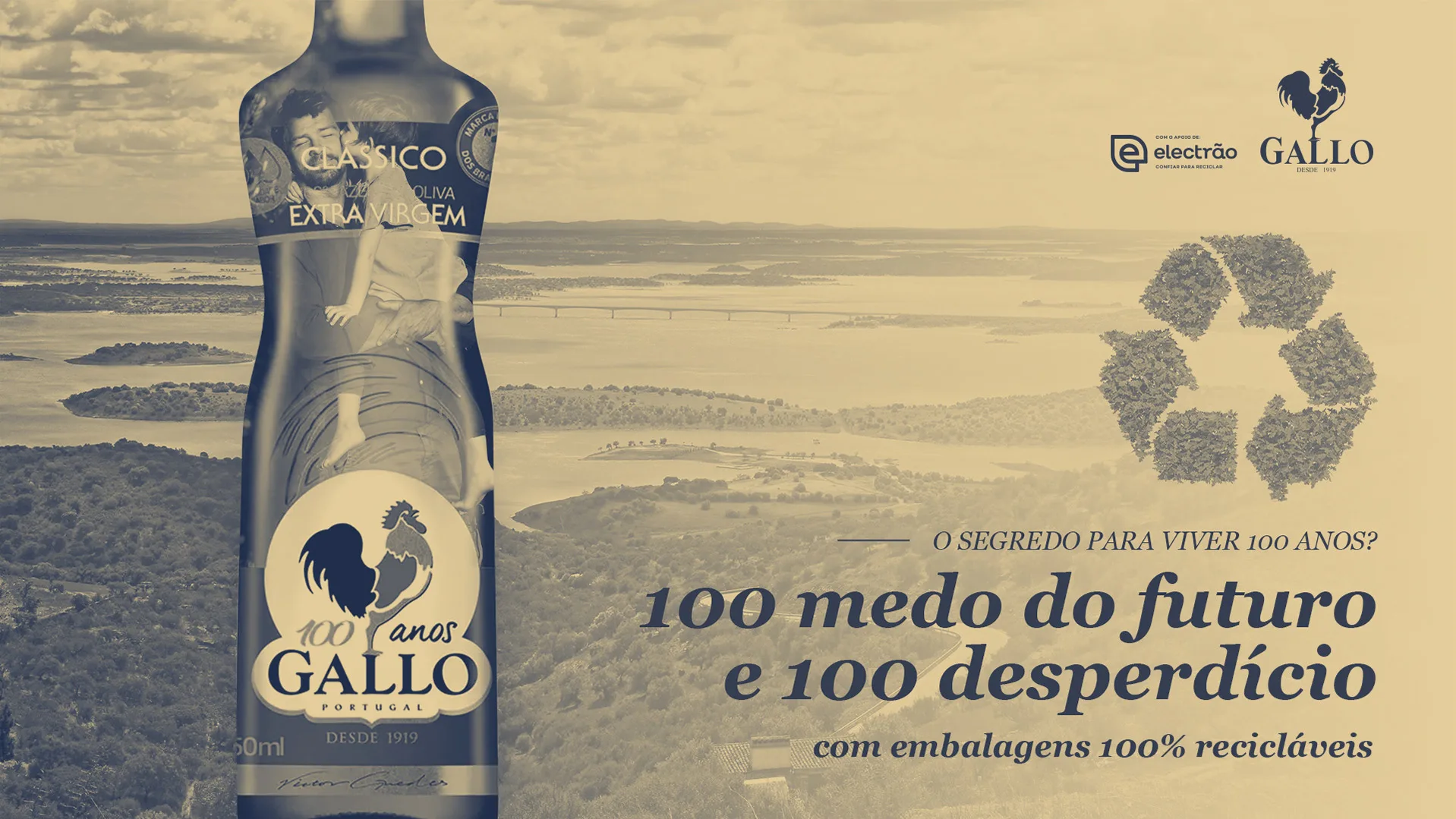 100 Anos de Sustentabilidade — Gallo banner "100 medo do futuro e 100 desperdício" with a leafy recycling symbol