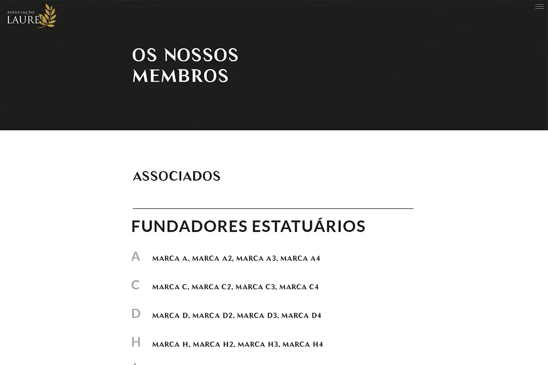 Laurel website — Os nossos membros page with Associados and Fundadores estatuários brand list