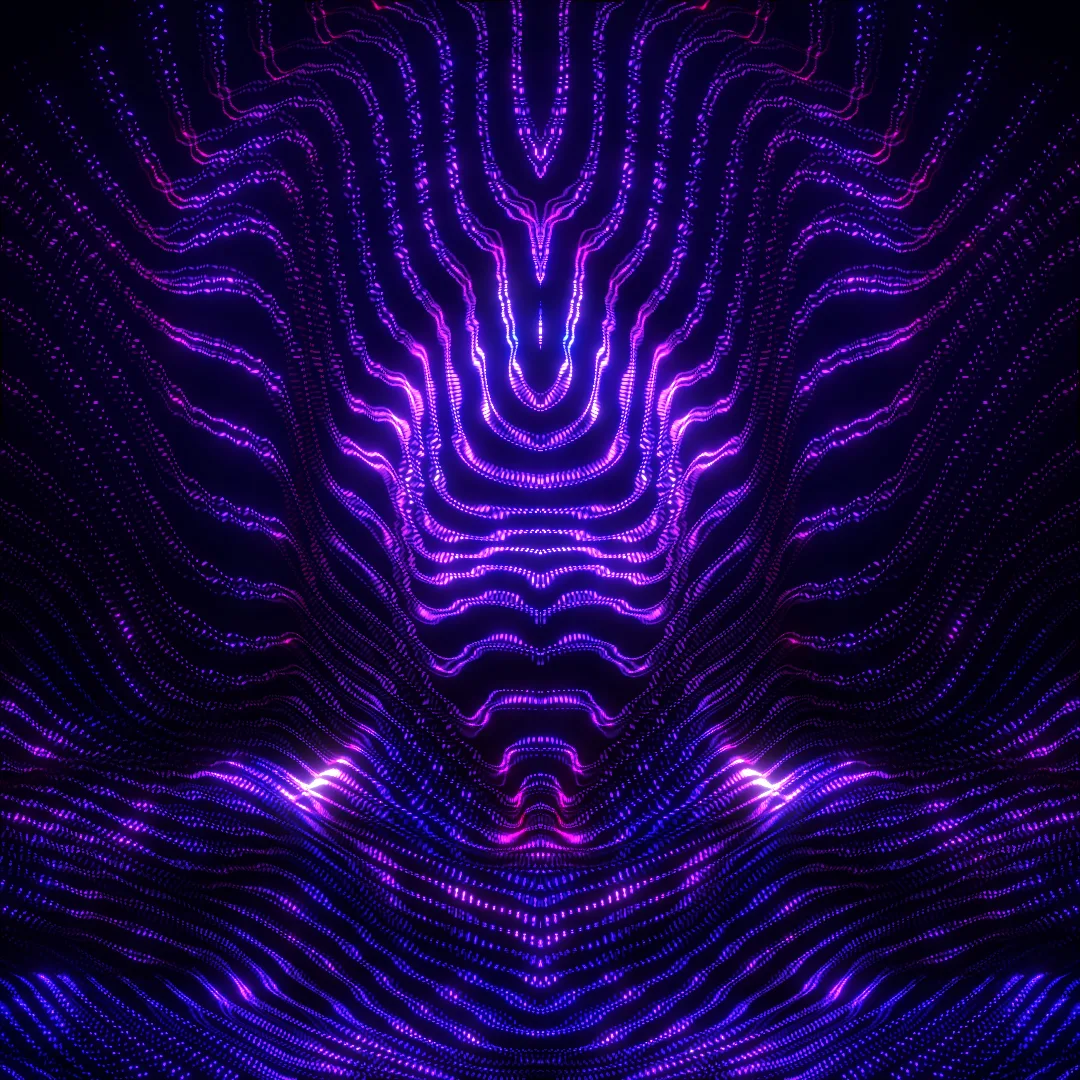bushi — symmetrical glowing purple and blue wavy dotted lines rippling on a dark background