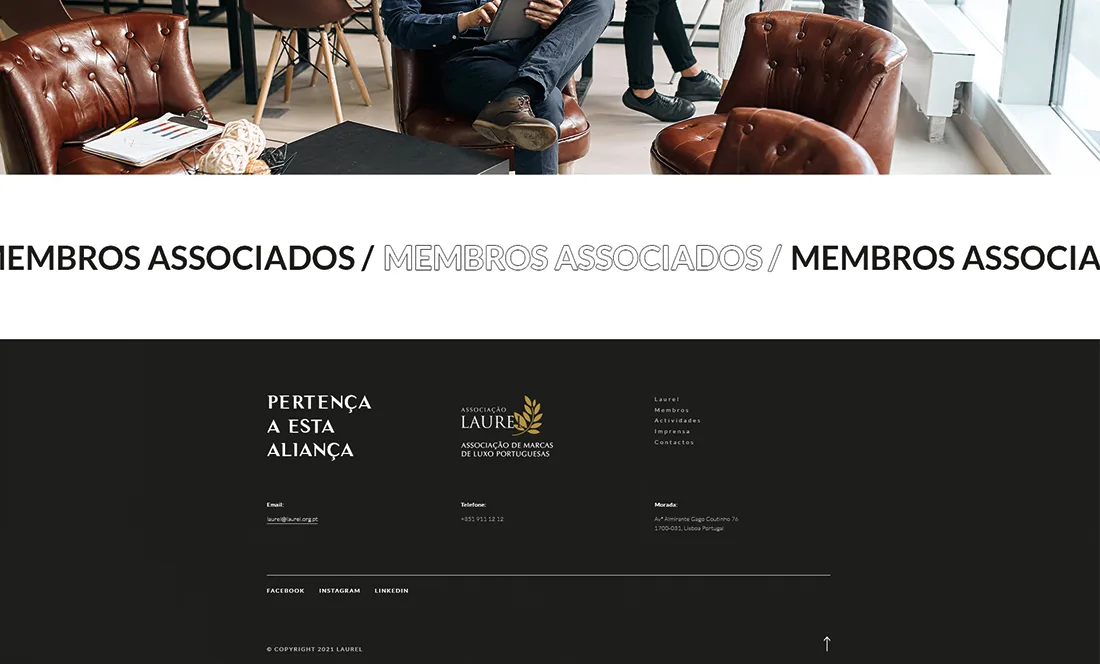 Laurel website — Membros associados banner with leather armchairs photo, above the dark footer
