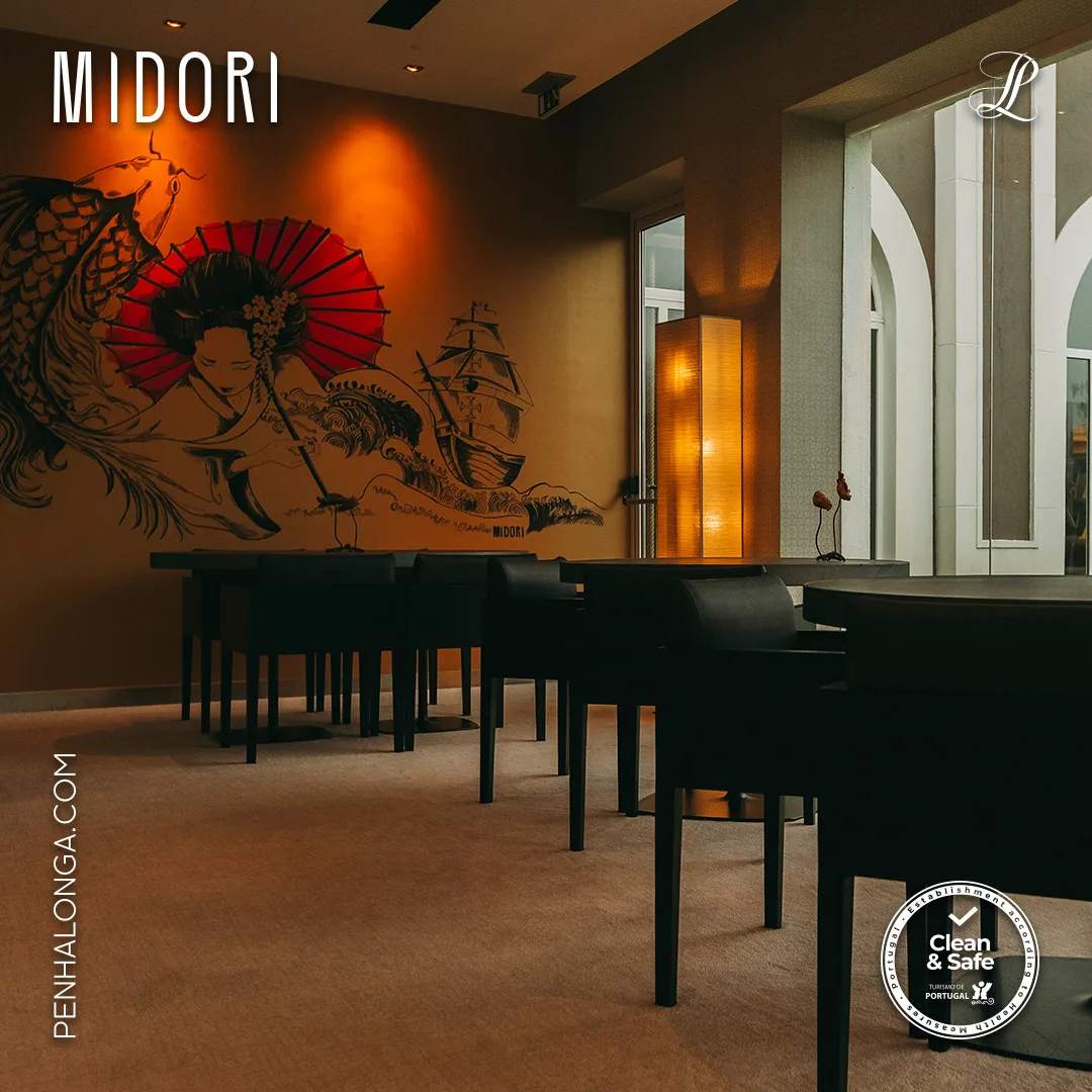 Penha Longa Resort — social post of the Midori restaurant interior with a geisha and carp wall mural