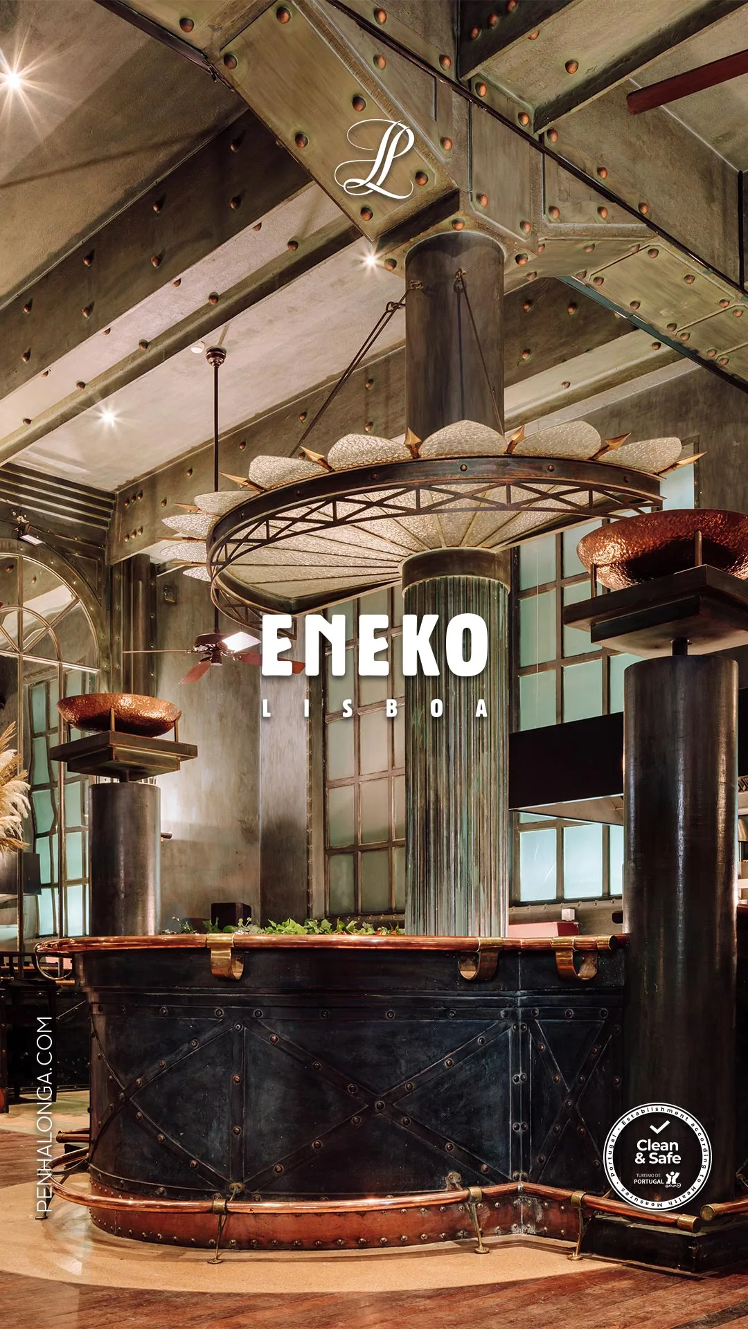 Penha Longa Resort — social post of Eneko Lisboa with an industrial bar under steel beams and a hanging fixture