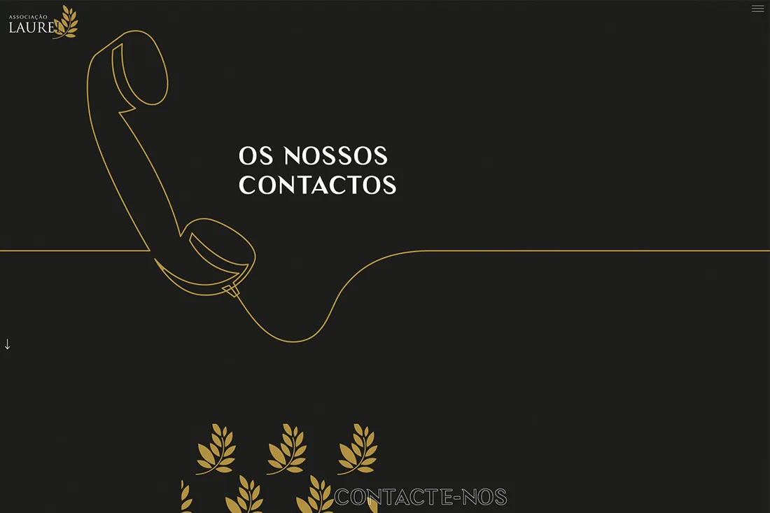 Laurel website — Os nossos contactos page with gold line-drawn telephone and laurel leaves