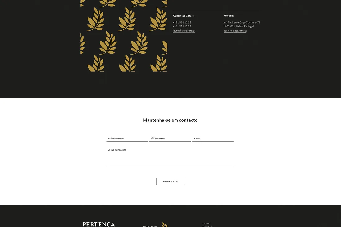 Laurel website — contact details beside gold laurel pattern and Mantenha-se em contacto form