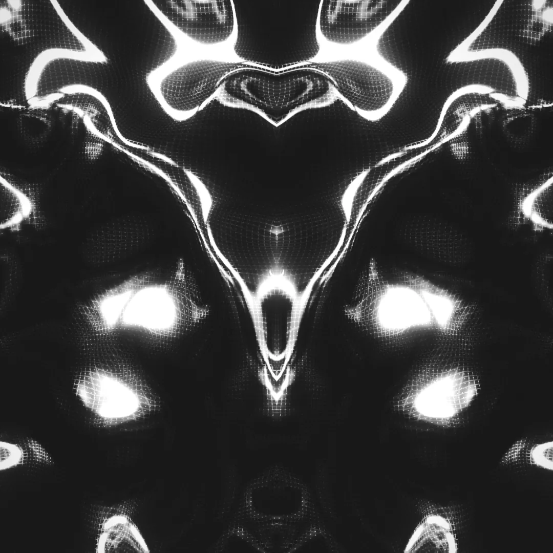 alchemist — symmetrical white smoky shapes and glowing blobs on a black background