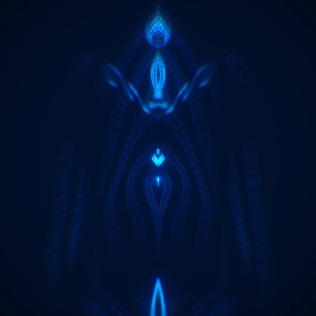 themAliens — symmetrical glowing blue totem-like forms on a deep navy background