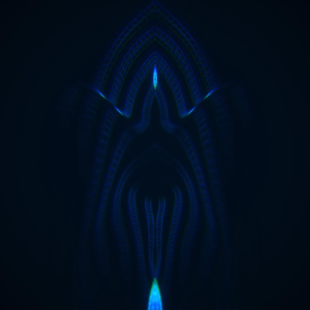 themAliens — faint symmetrical blue arches and a bright point of light on a dark background