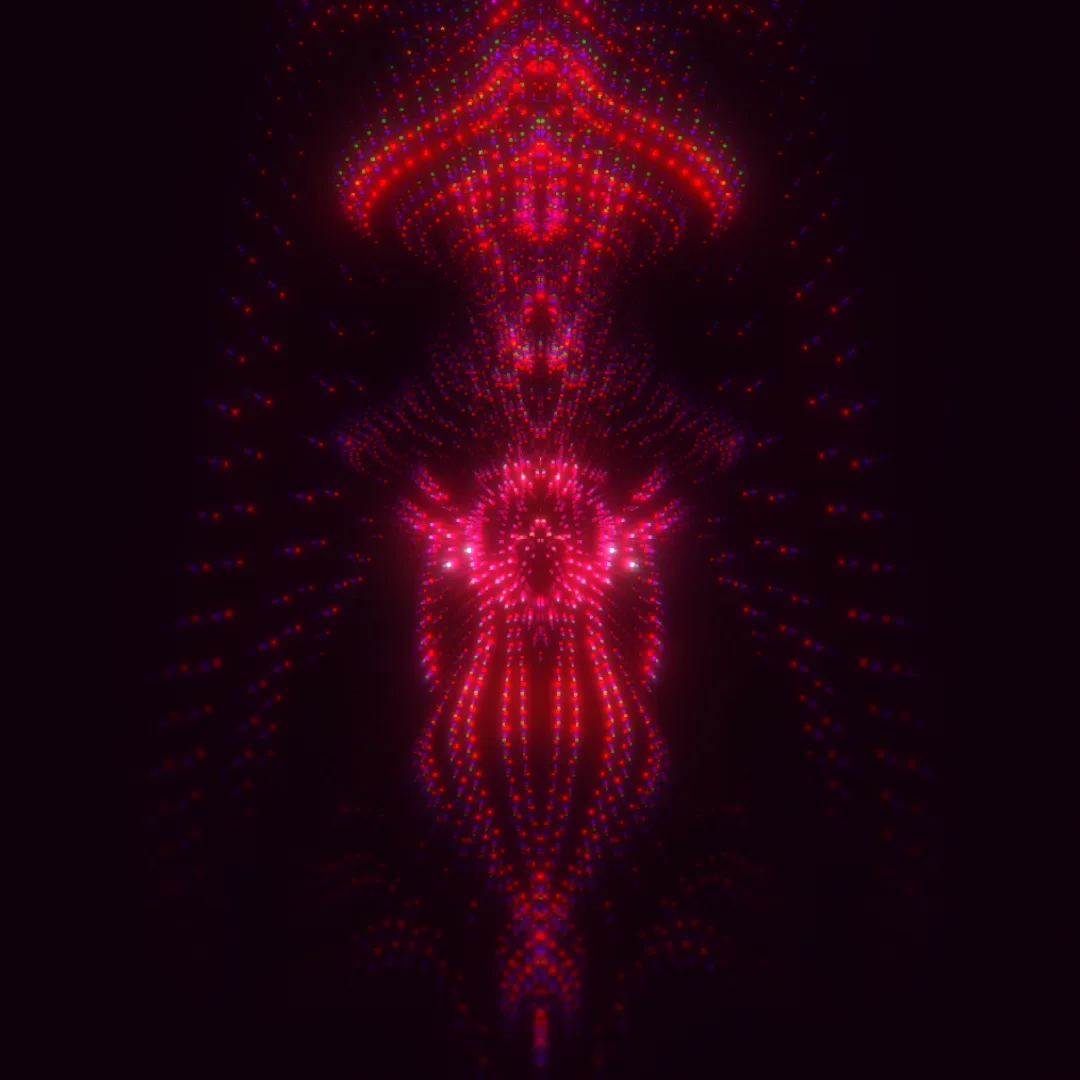 themAliens — symmetrical glowing red and pink dotted figure on a dark plum background