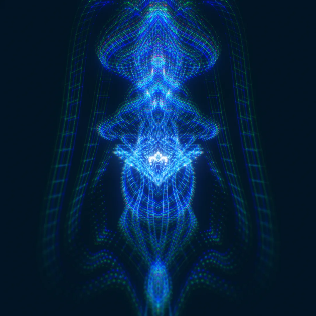 themAliens — symmetrical glowing blue mesh figure with layered textures on dark navy