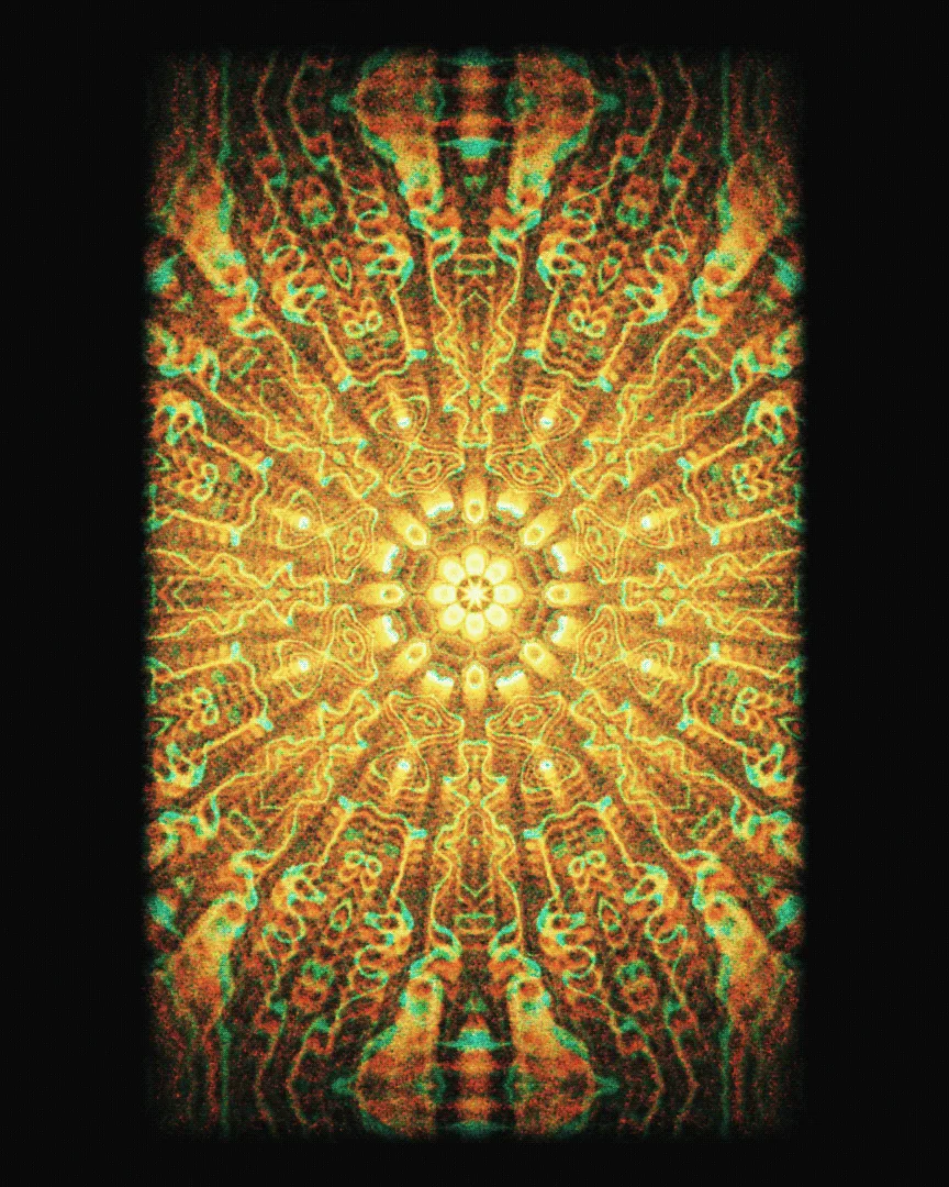 flashback — radial mandala of golden-orange and teal textures in a vertical frame on black