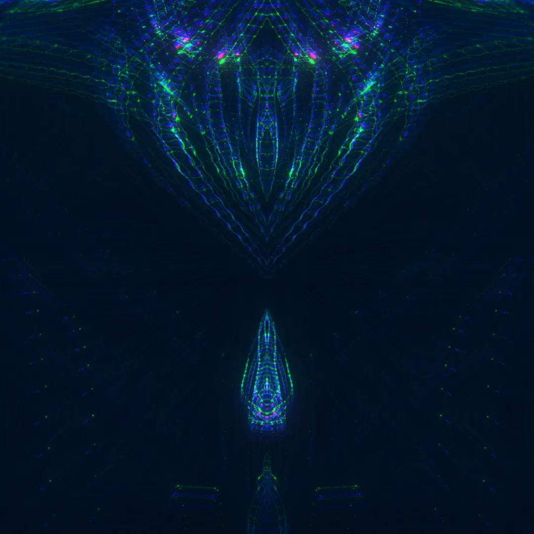 ingredients — symmetrical blue and green light streaks forming a downward point on navy