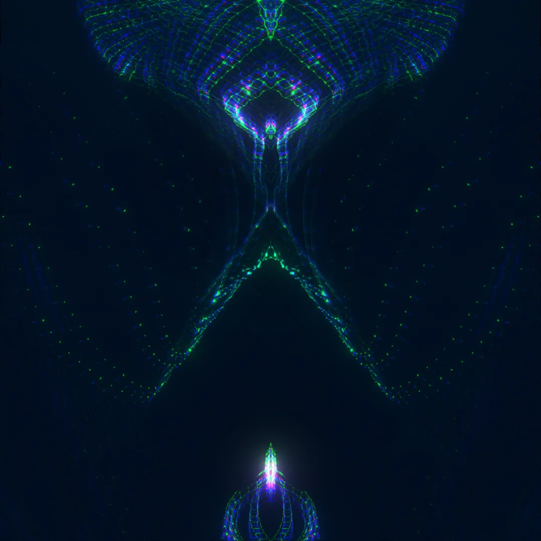 ingredients — symmetrical blue and green light strands with a V shape and glowing tip on navy
