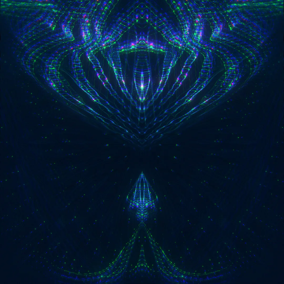 ingredients — symmetrical blue and violet light strands fanning down over a pointed form