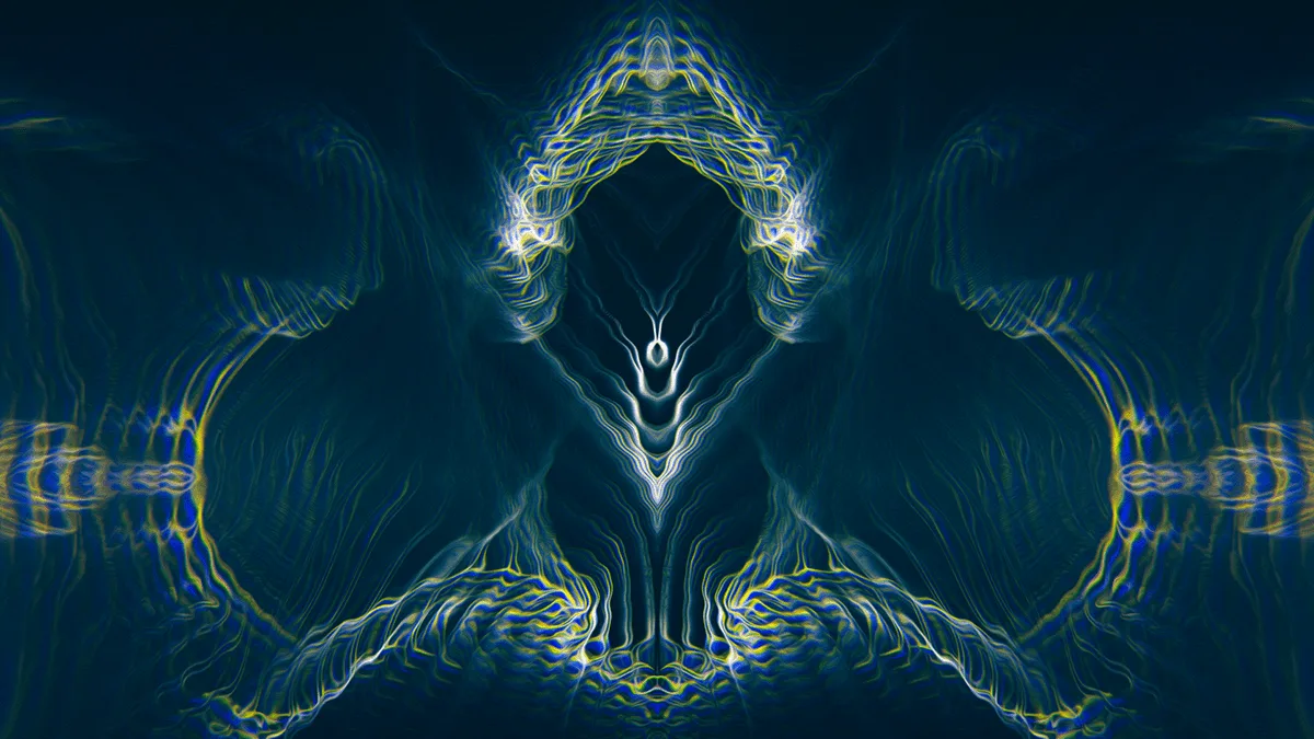 zIndex — symmetrical arch of pale white and yellow strands on a deep teal background