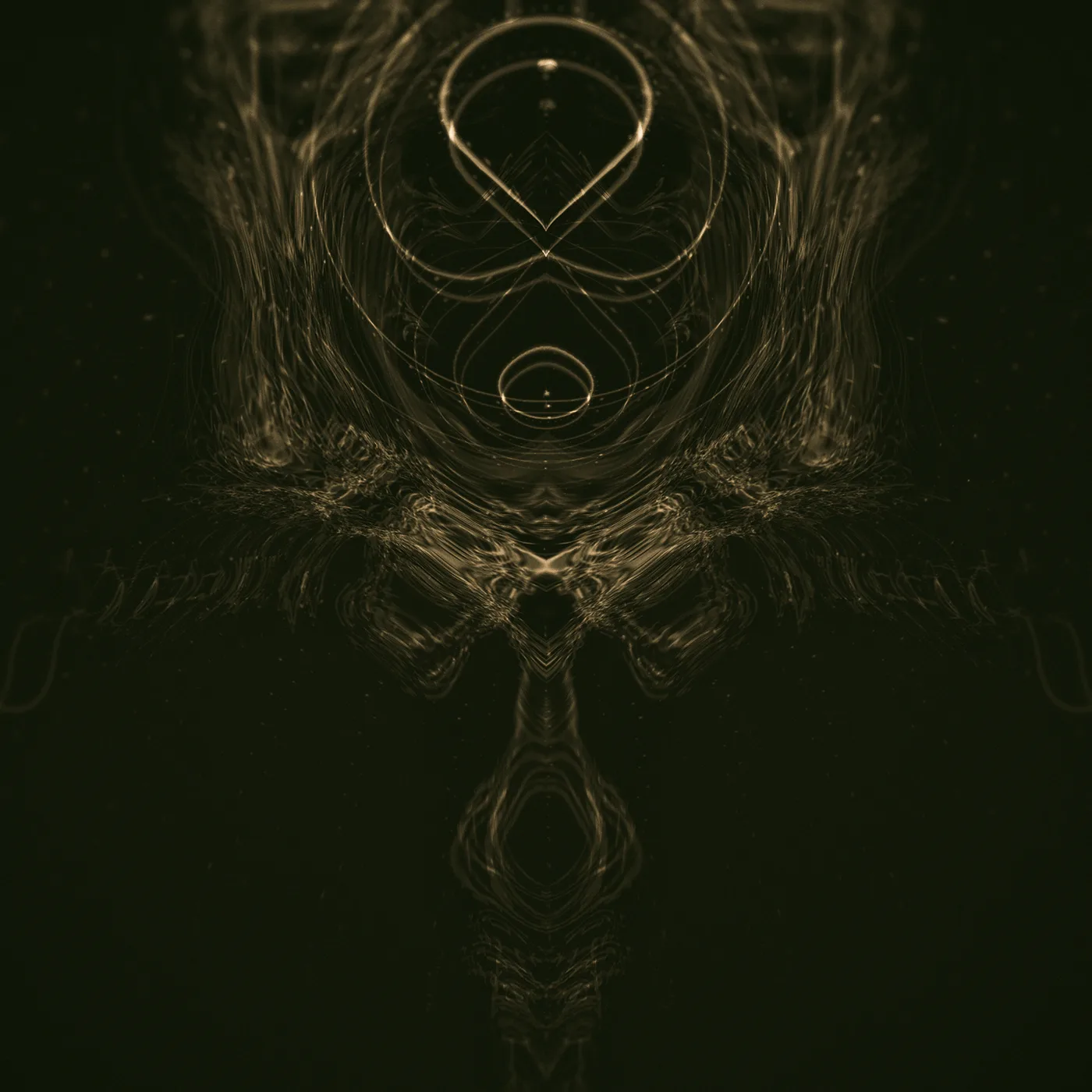 let them eat flowers — faint symmetrical golden smoky lines with loop shapes on a dark olive background