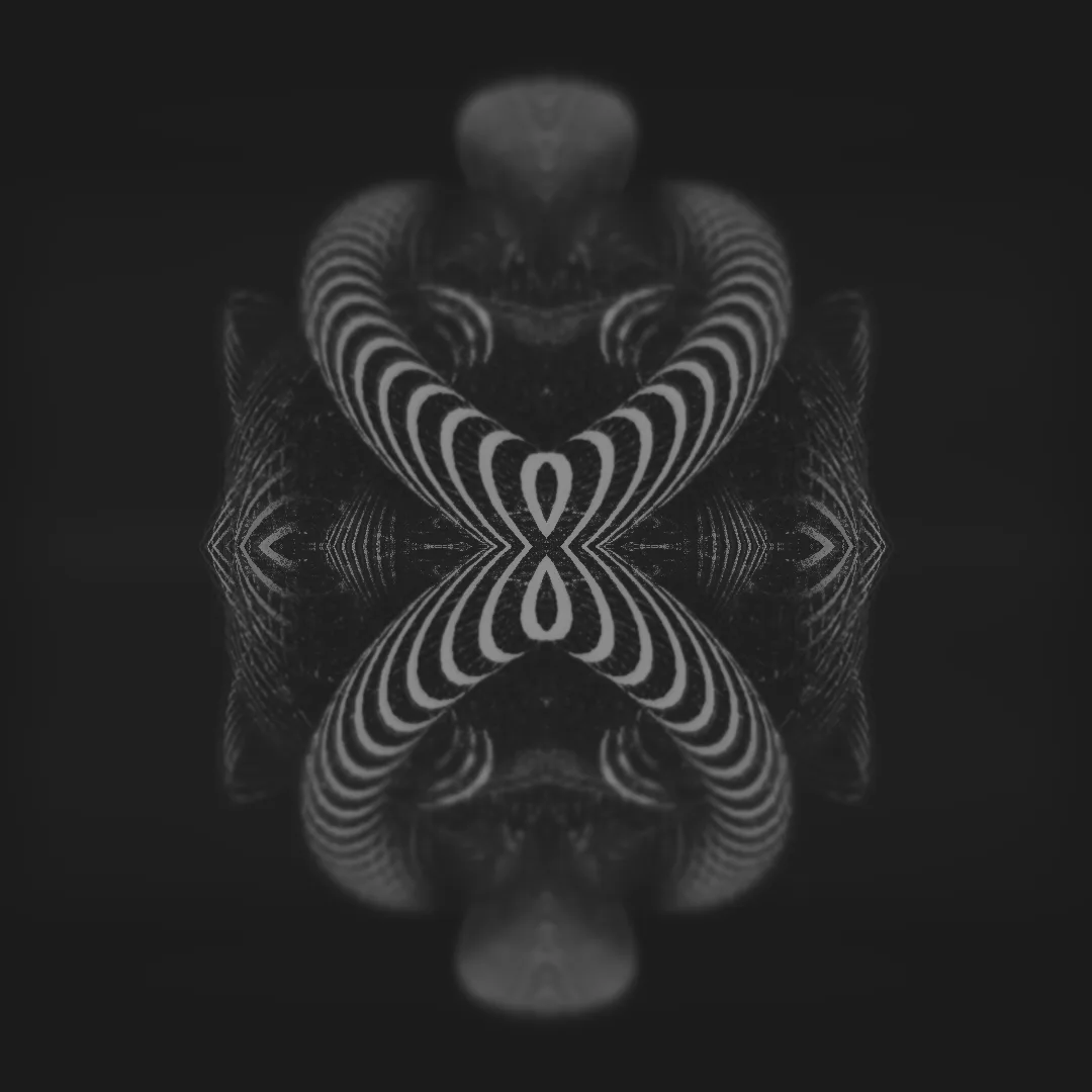 InfinityTotem — symmetrical black and white striped loops forming a figure-eight totem on dark grey