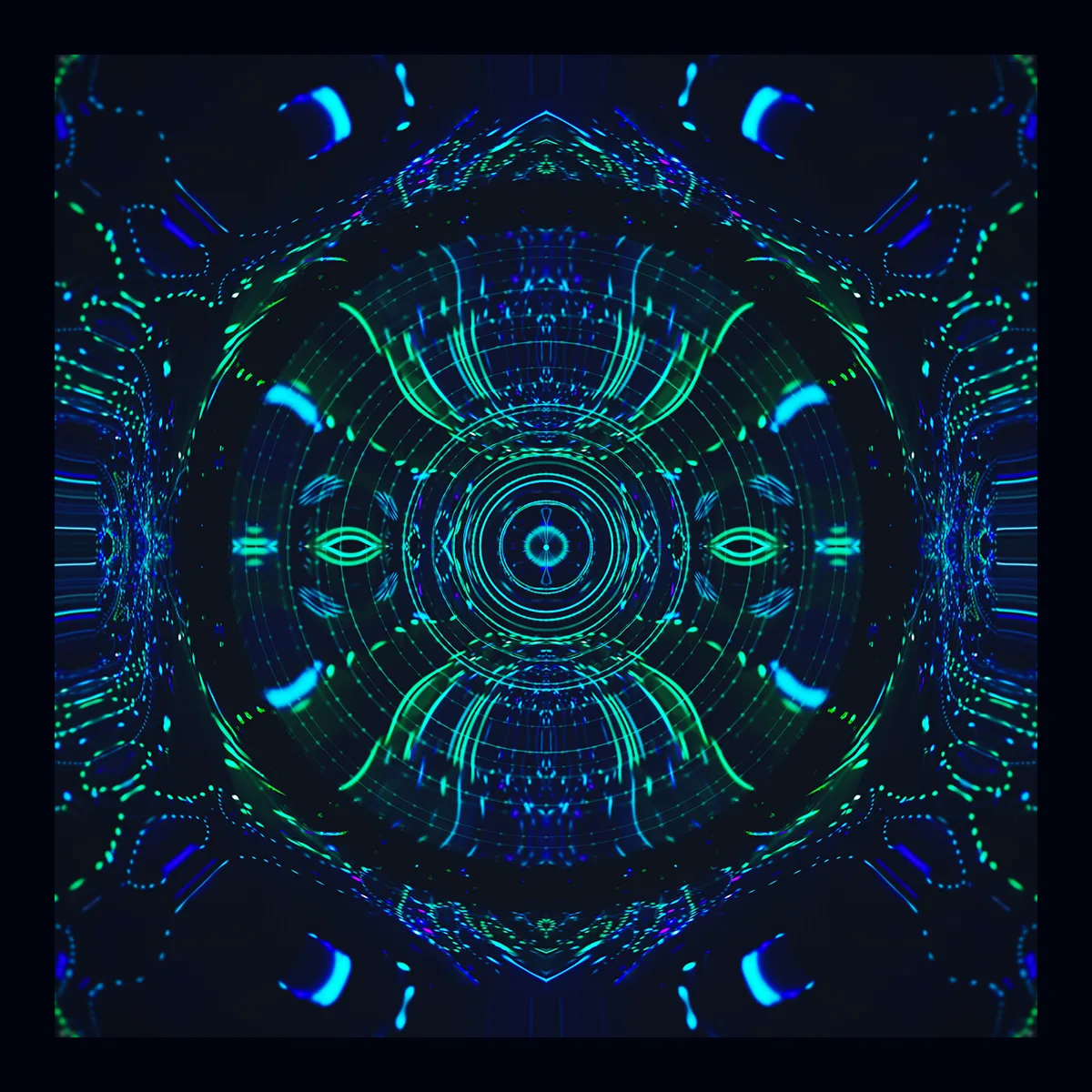reakt0r — symmetrical mint and blue radial pattern of rings and arcs on dark navy