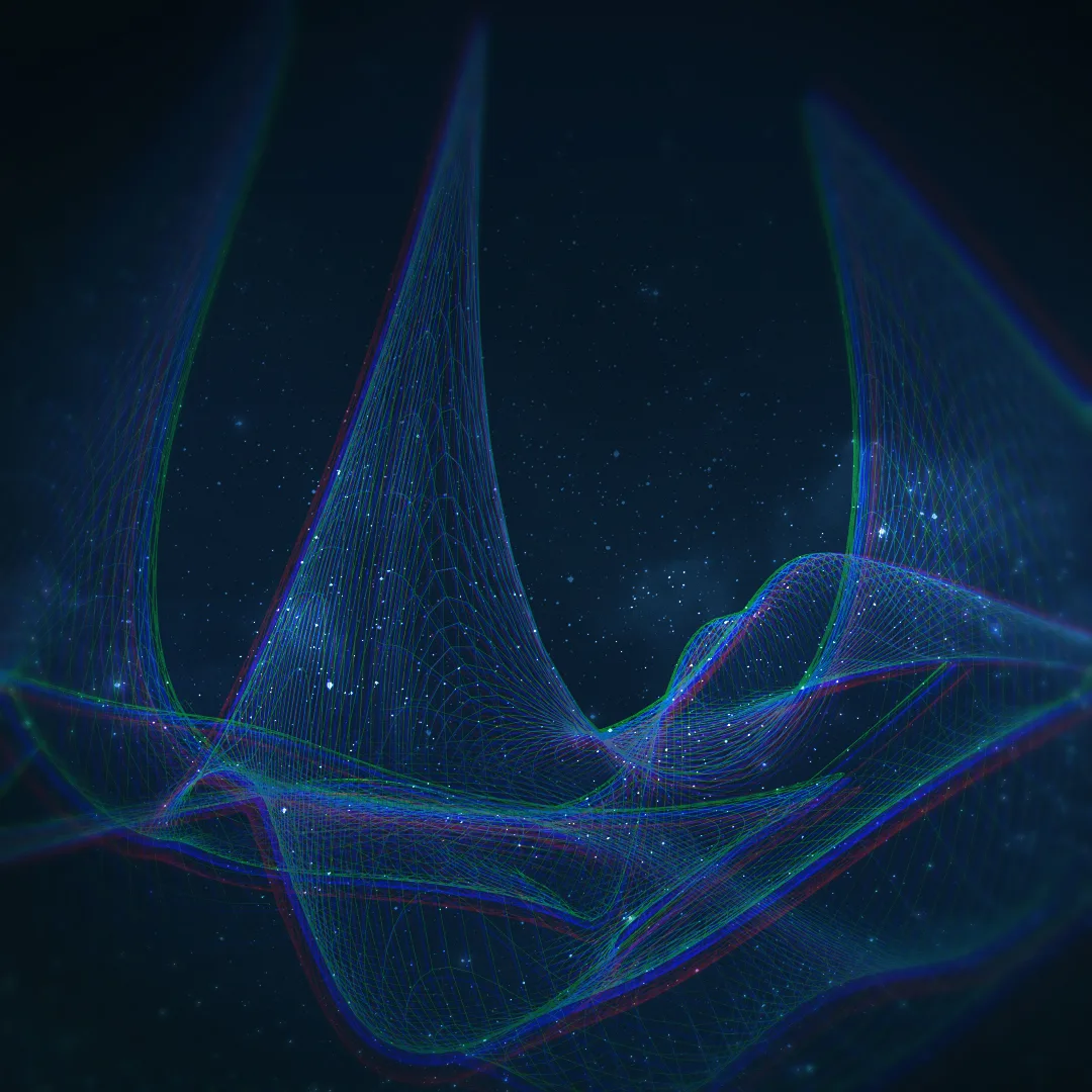 5th_plane — sweeping blue and violet wireframe ribbons over a starry dark background