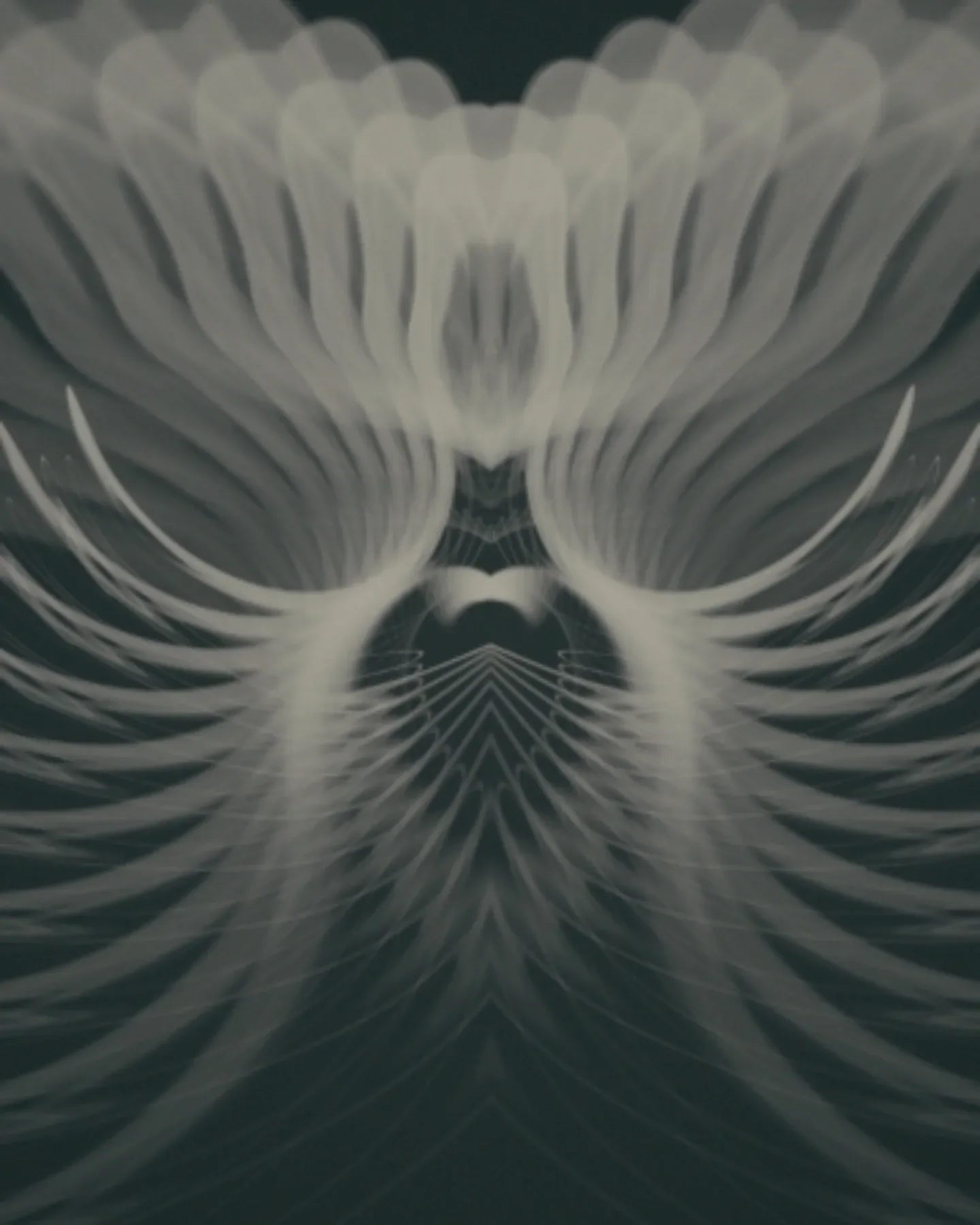 attar — translucent layered fan shapes radiating downward in pale grey on dark green