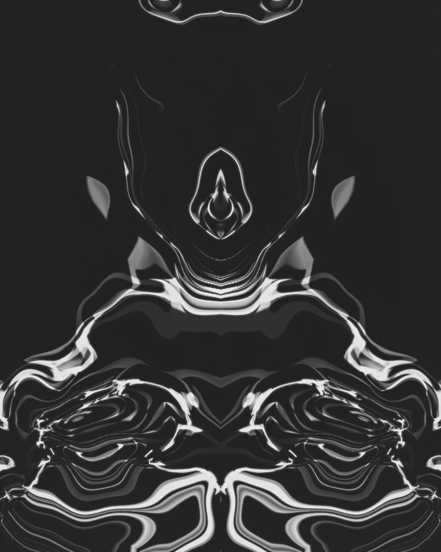 azekh-ruun — symmetrical liquid-chrome forms in black and white on a dark background