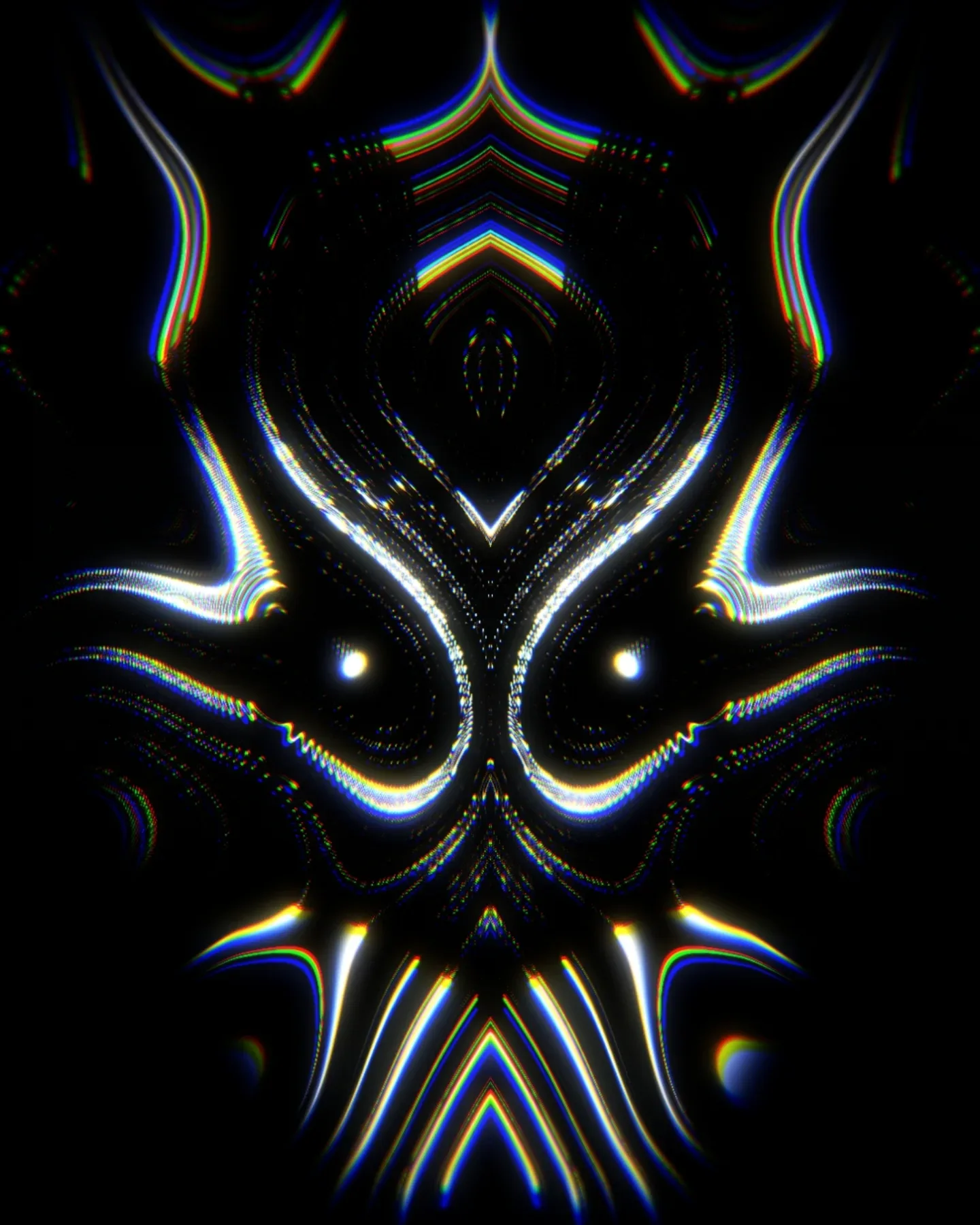 draugr — symmetrical mask-like face of white, blue and gold light streaks on black