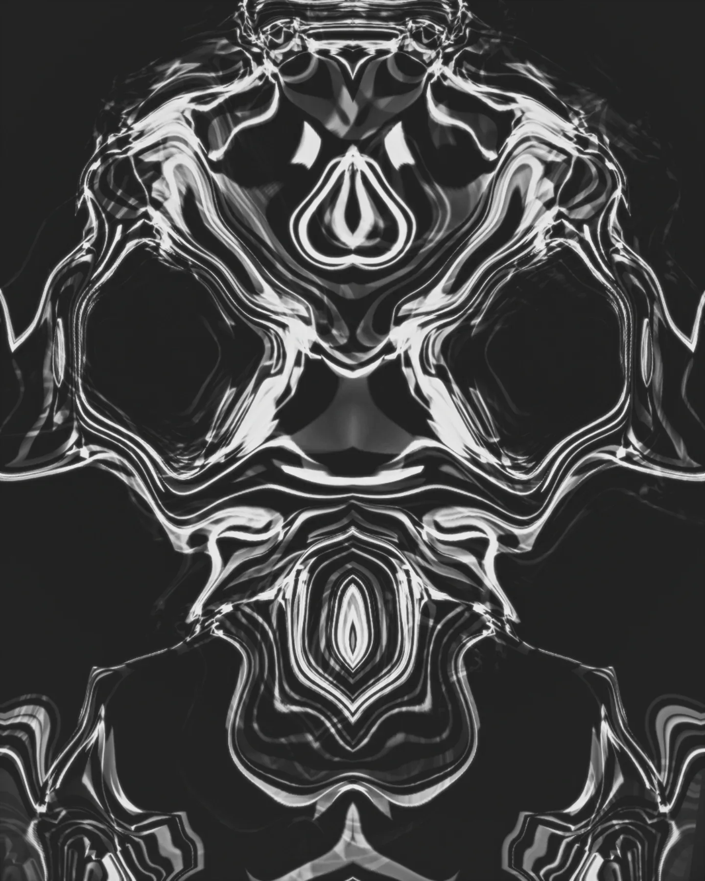 karnyx — symmetrical silver liquid shapes resembling a skull-like mask in black and white