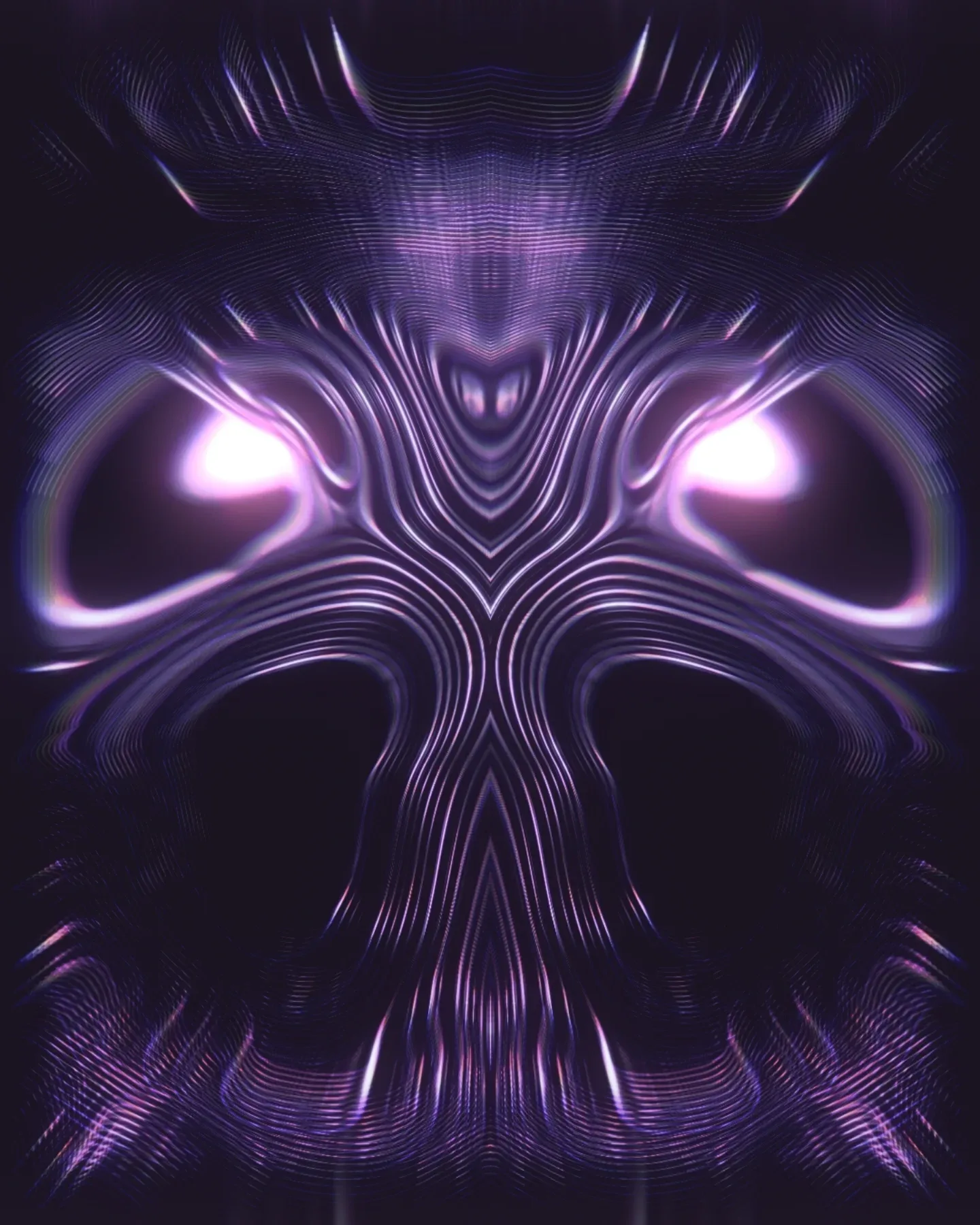 reflective materials — symmetrical purple mask-like form with glowing eye shapes and fine line patterns