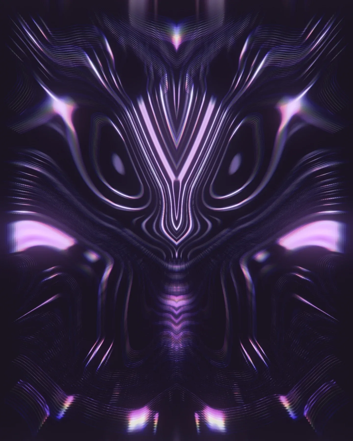 reflective materials — symmetrical violet face-like pattern with flowing iridescent lines