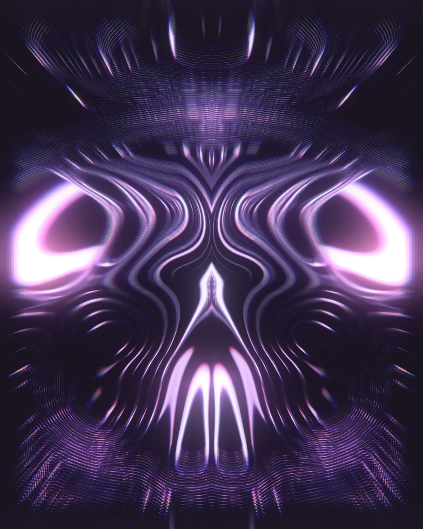 reflective materials — symmetrical purple skull-like form with glowing eyes and fang shapes