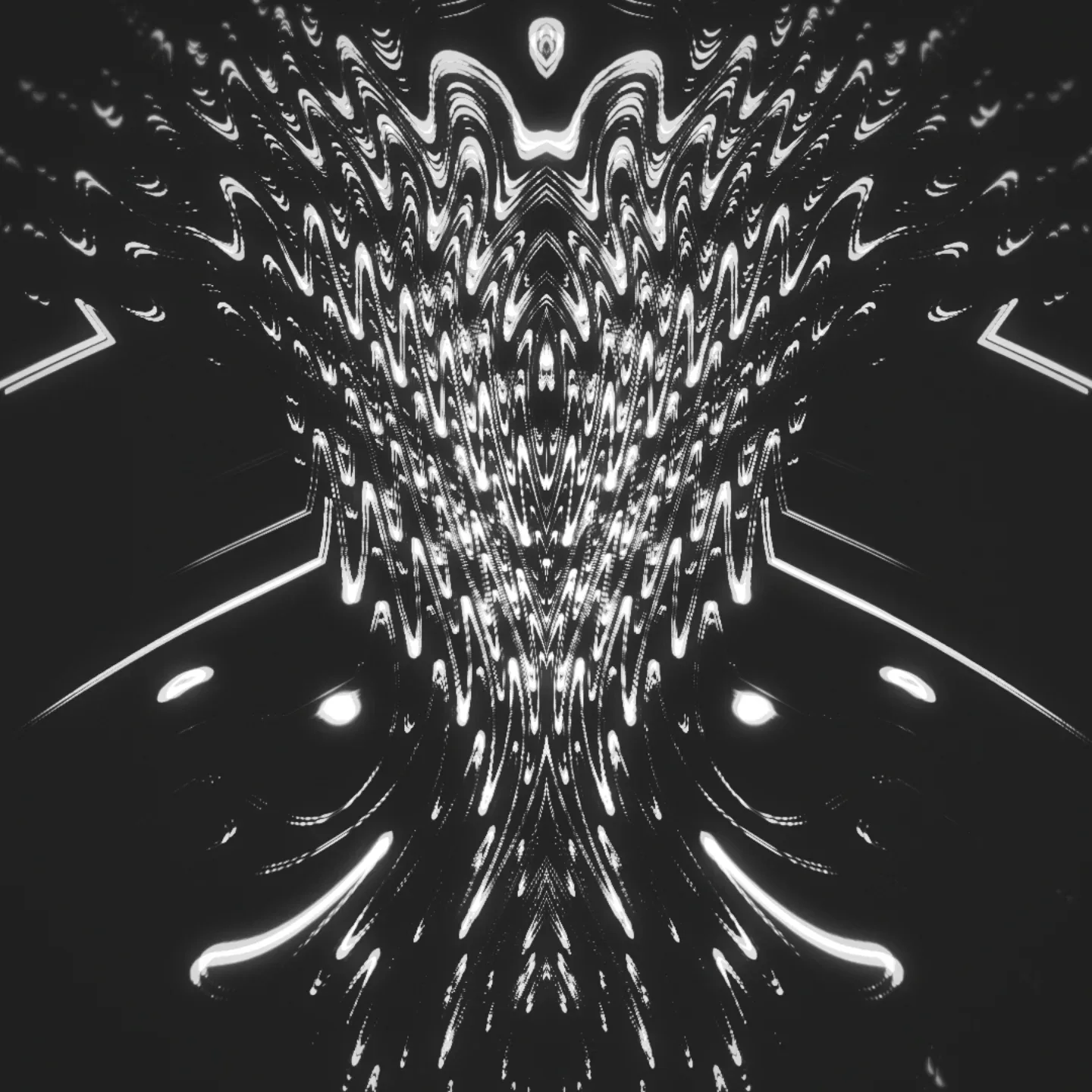 vorthag — symmetrical white liquid splashes funnelling to a point on a dark grey background