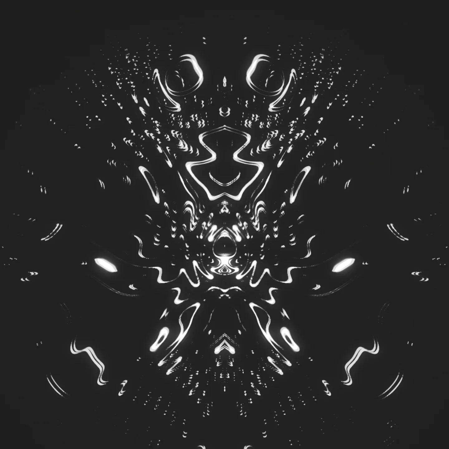 xaerith — scattered symmetrical white liquid droplets and curls on a dark background