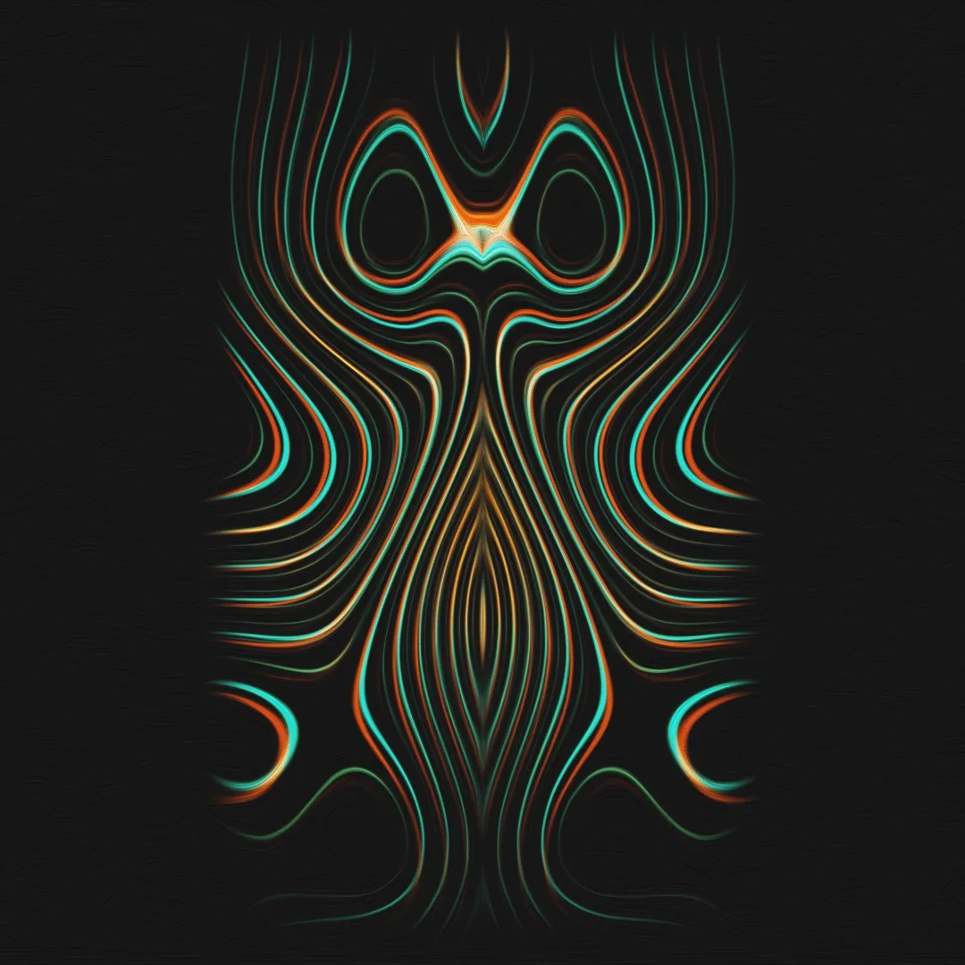 Sankofa — symmetrical abstract of flowing orange, teal and cream contour lines on black
